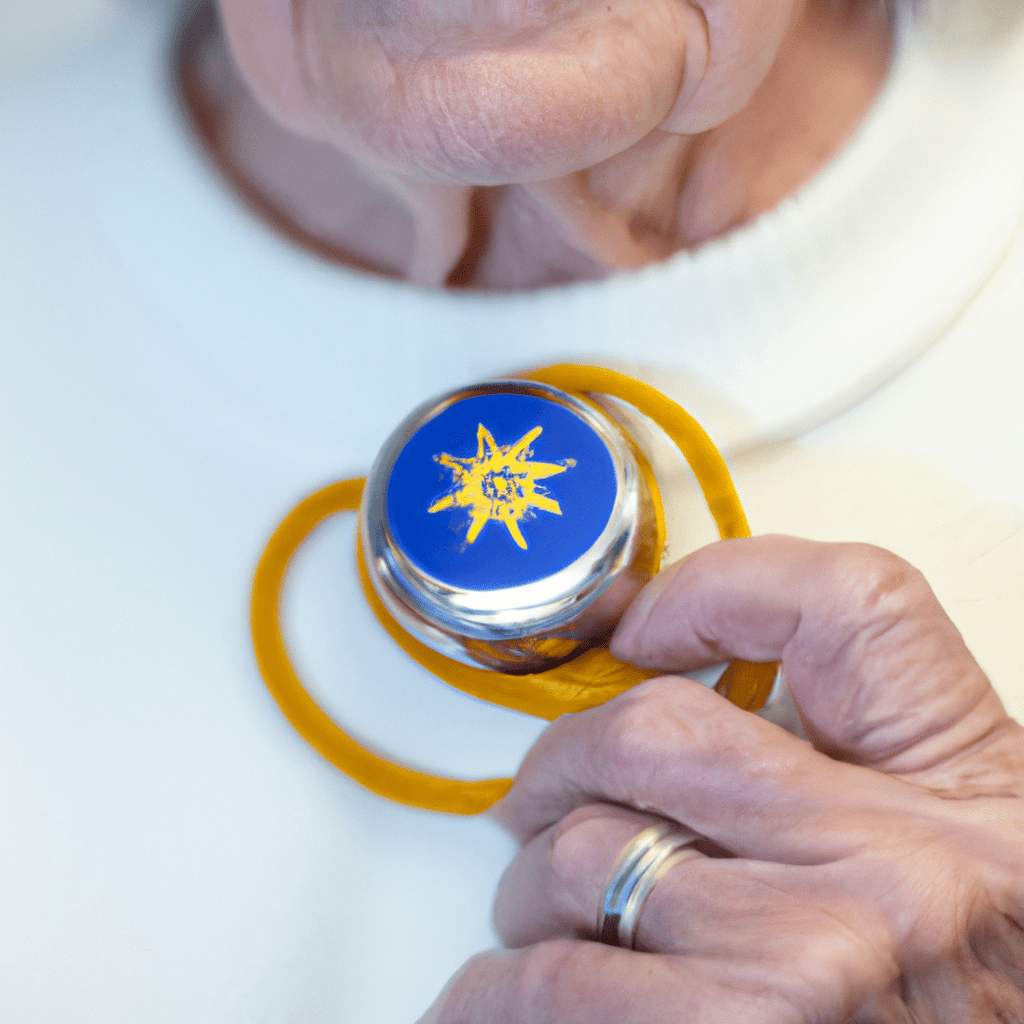 A close-up photo of an elderly person wearing a pendant alarm, ready to activate emergency help if needed.. Sigma 85 mm f/1.4. No text.