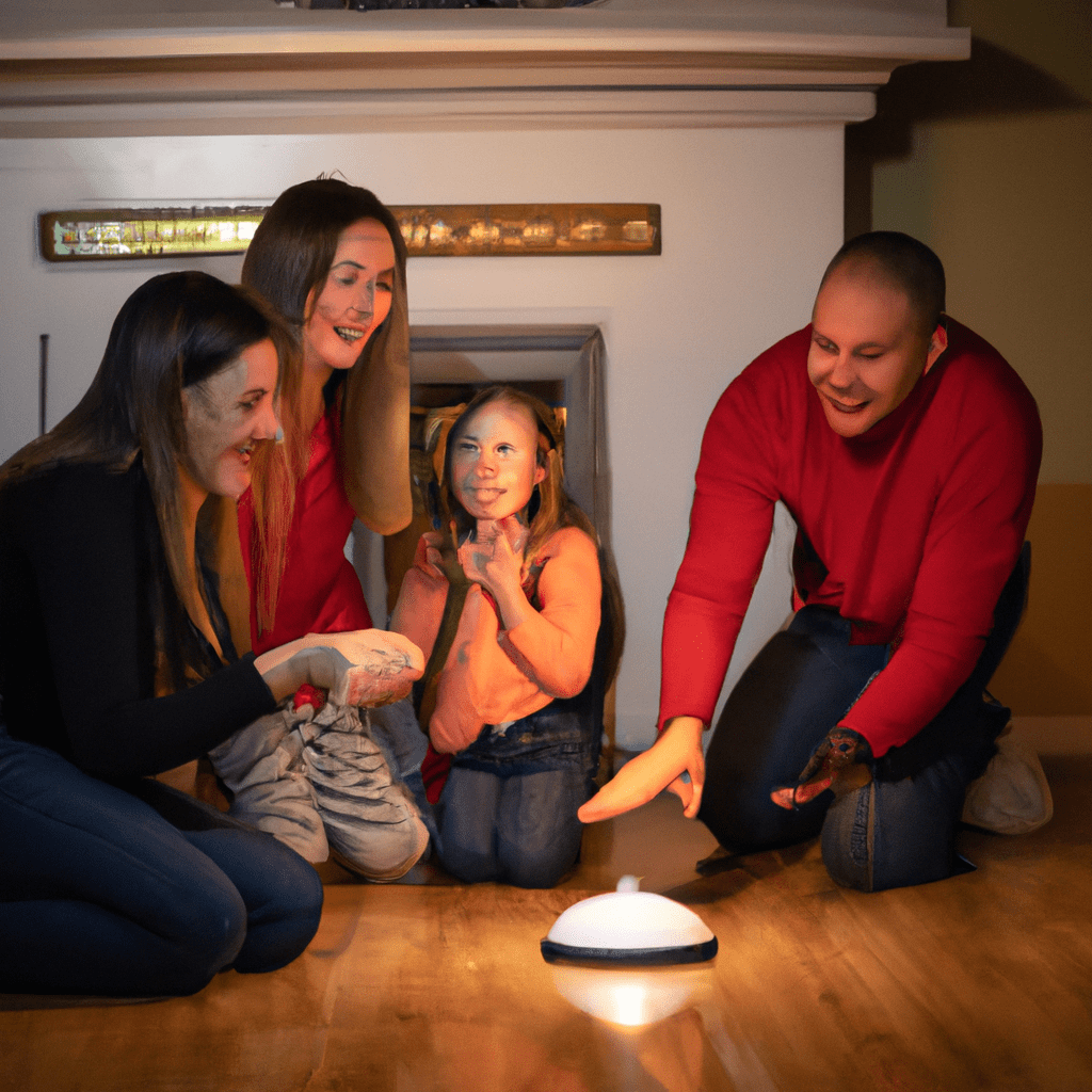A photo of a family gathered around a smoke detector, emphasizing the importance of home safety. Sigma 85 mm f/1.4. No text.. Sigma 85 mm f/1.4. No text.
