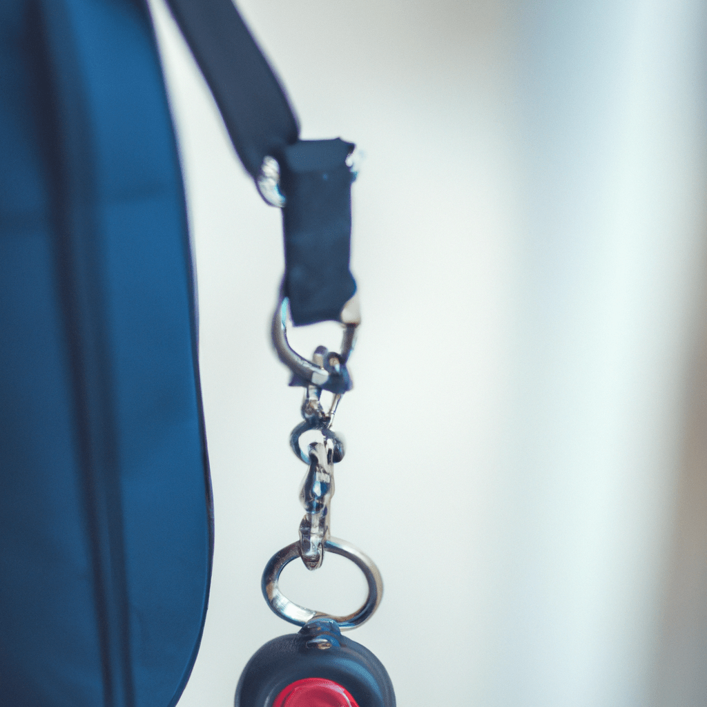 A picture of a keychain alarm with a clip attached to a bag.. Sigma 85 mm f/1.4. No text.