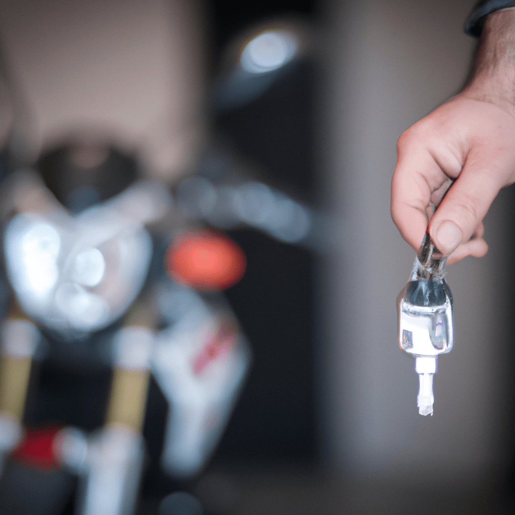 [Person holding motorcycle keys with a motocycle alarm in the background.]. Sigma 85 mm f/1.4. No text.