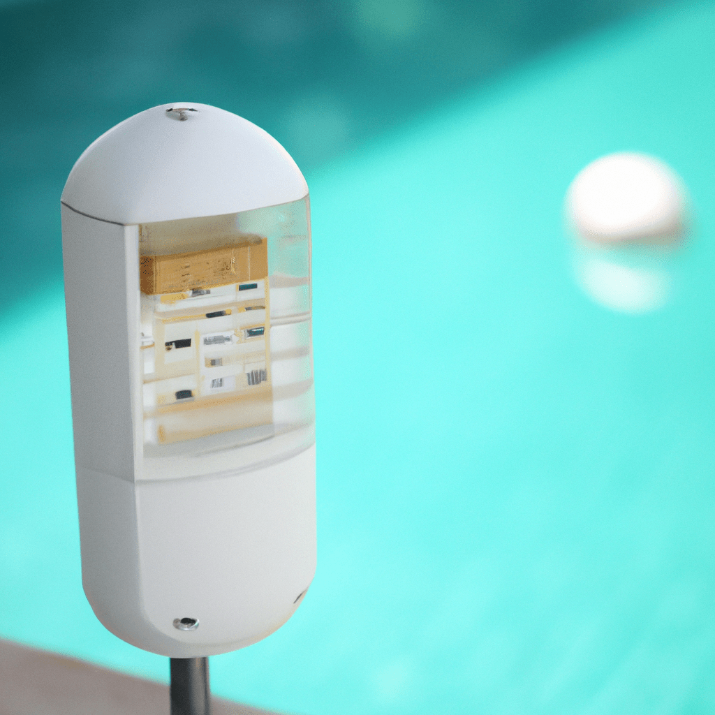 [An image of a pool alarm system with sensors and detectors around the pool, ready to detect any danger and sound the alarm.]. Sigma 85 mm f/1.4. No text.