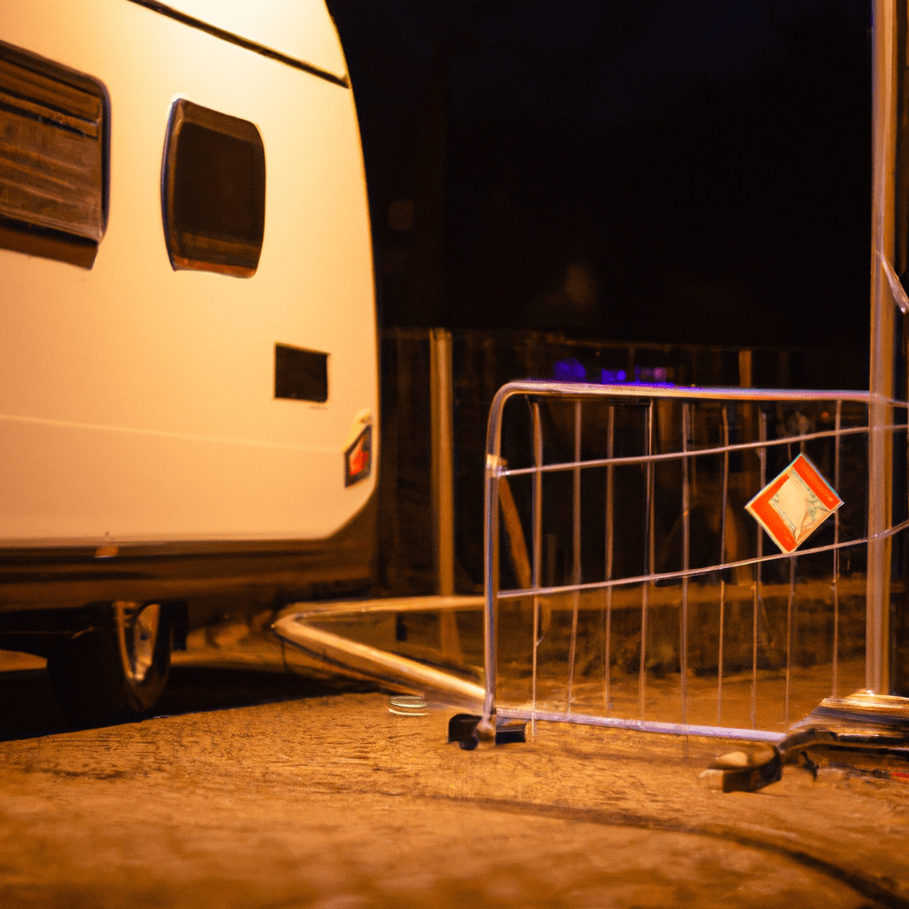 A photo of a well-lit parking area with a fenced-off caravan, ensuring maximum security and minimizing the risk of theft or damage. Sigma 85 mm f/1.4. No text.. Sigma 85 mm f/1.4. No text.