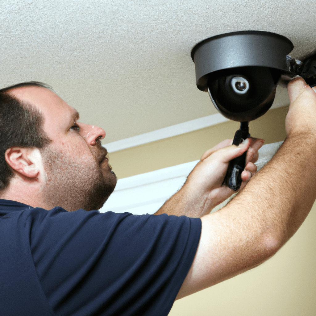 2 - A professional security technician installing a state-of-the-art surveillance camera system in a home. Sigma 85 mm f/1.4. No text.. Sigma 85 mm f/1.4. No text.