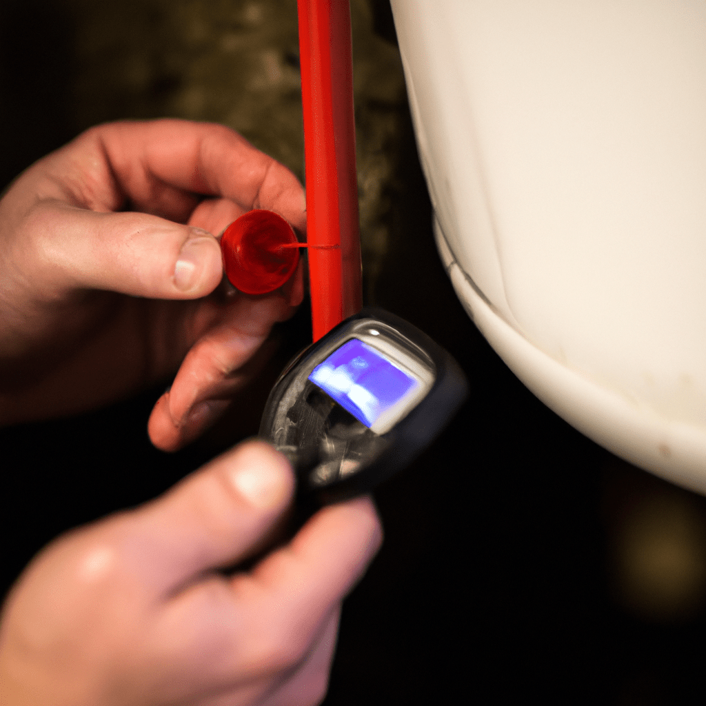4 - A photo of a person carefully mounting a water alarm sensor in a garage, ensuring the proper placement for detecting any potential water leaks. Nikon 35 mm f/1.8. No text.. Sigma 85 mm f/1.4. No text.