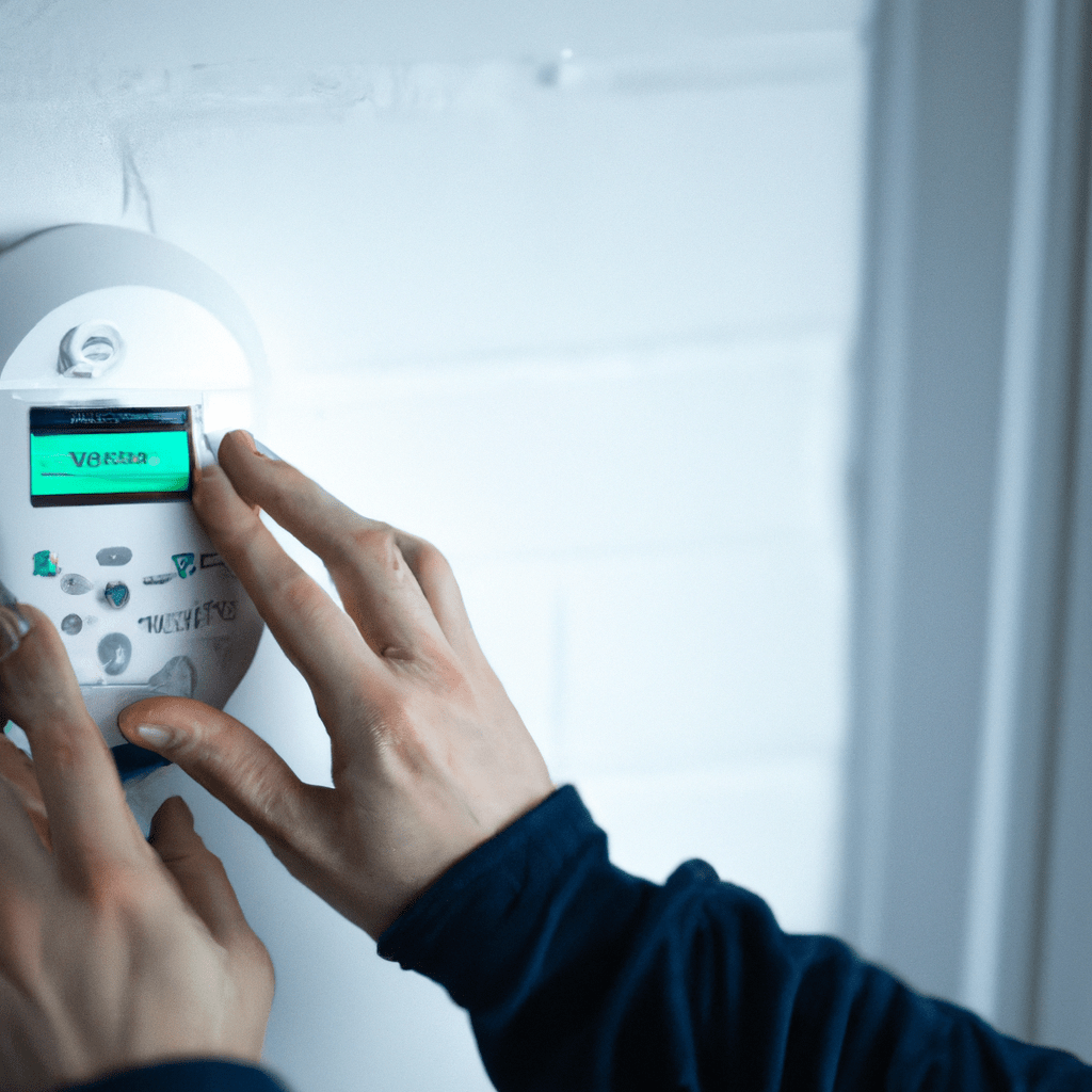 A photo of a person setting up a wireless home alarm system, ensuring maximum security and peace of mind.. Sigma 85 mm f/1.4. No text.