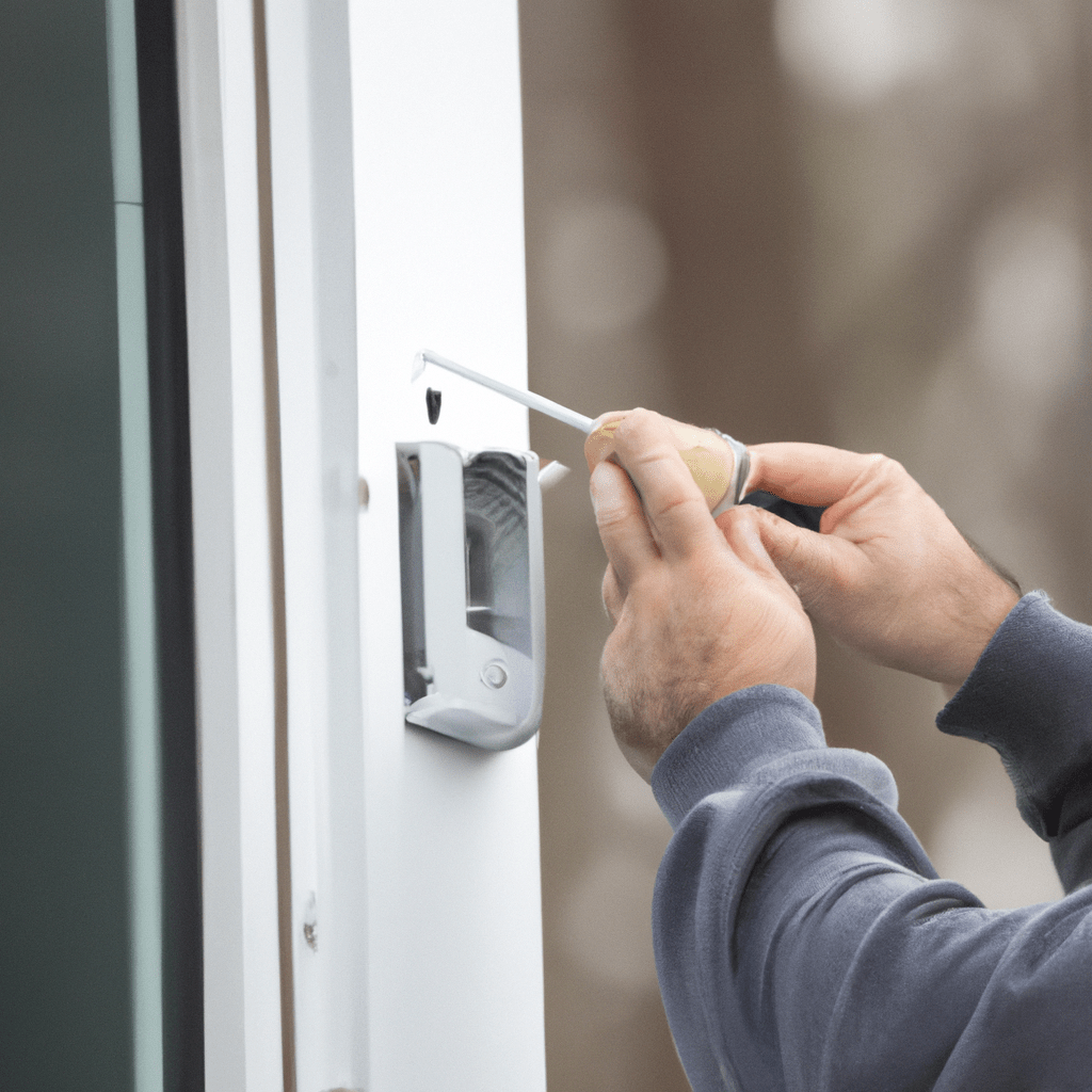 A photo of a wireless door and window contact being installed by a technician. Sigma 85 mm f/1.4. No text.. Sigma 85 mm f/1.4. No text.