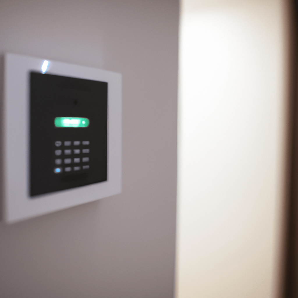 A photo of a well-placed main control panel for an apartment alarm system. The panel is strategically positioned in the hallway, providing quick access upon entering or leaving the apartment while remaining discreet from outside view. Its visibility from the main living area allows for easy monitoring and enhances overall system security.. Sigma 85 mm f/1.4. No text.