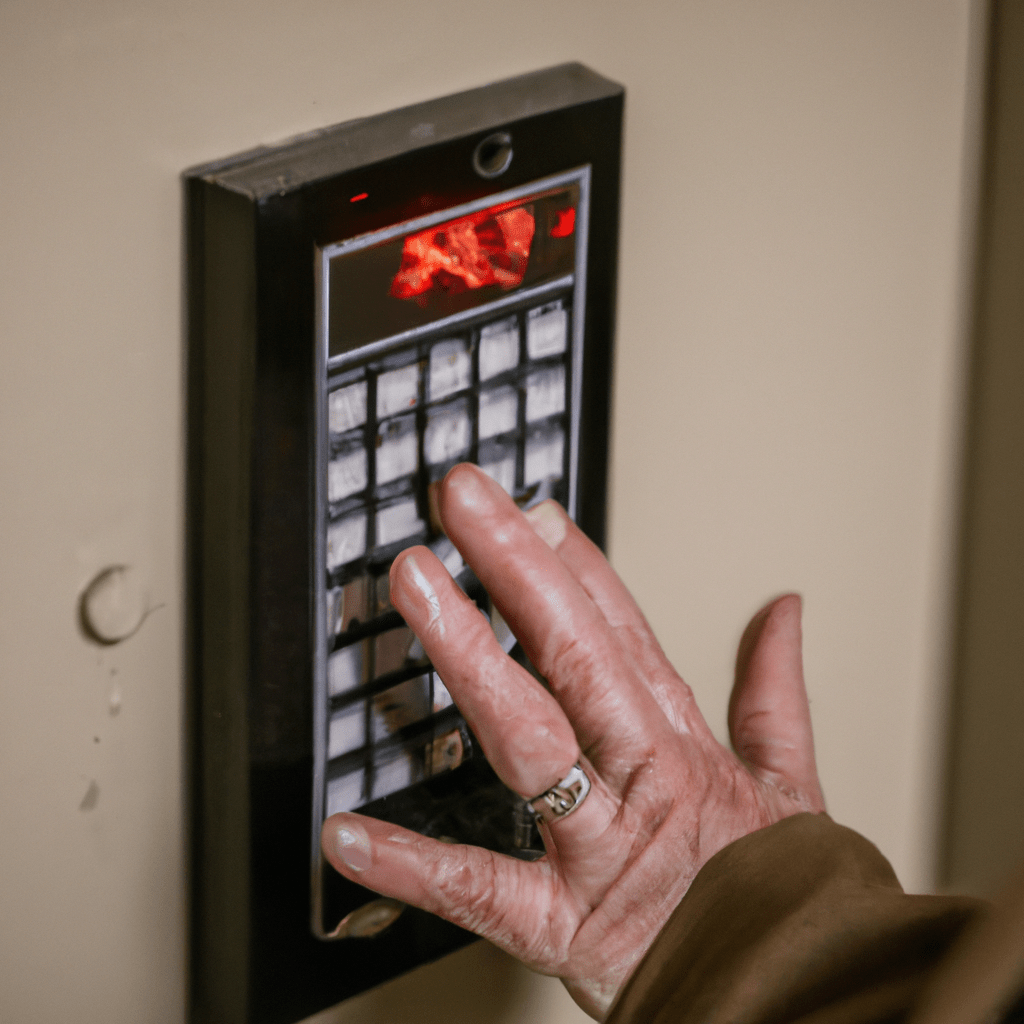 A photo of a person entering their apartment and using a keypad to activate the alarm system. The keypad is located near the front door for easy access and offers a secure way to arm and disarm the alarm.. Sigma 85 mm f/1.4. No text.