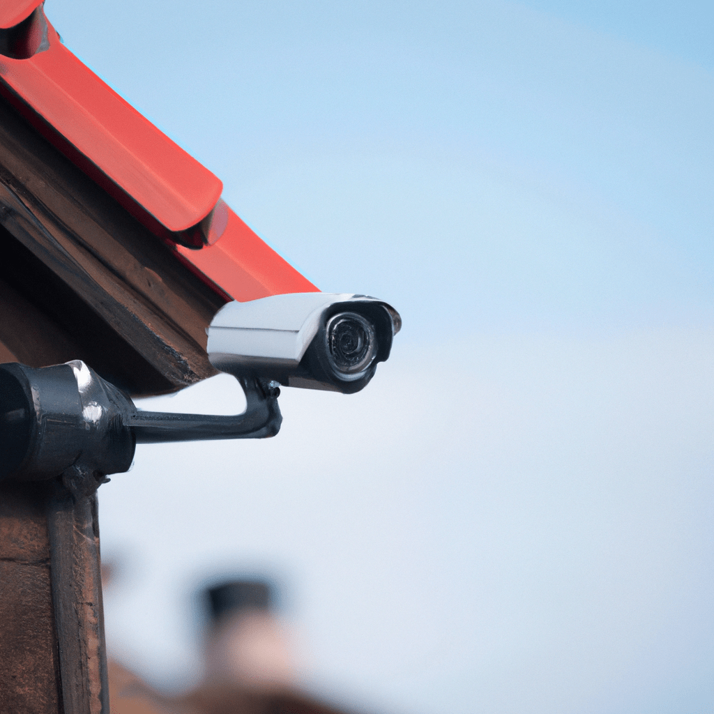 A photo of a security camera placed high on the roof of a cabin, providing full coverage and ensuring the owner's safety.. Sigma 85 mm f/1.4. No text.
