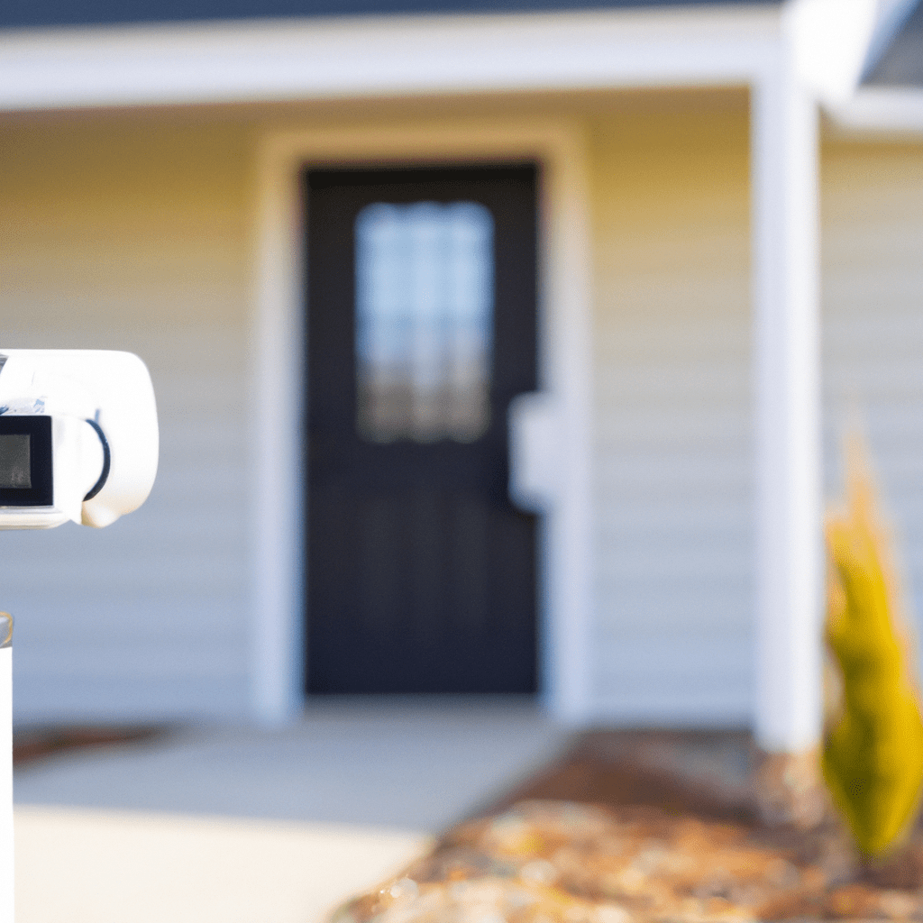 A photo of a camera mounted outside a house, positioned to capture the view of the front door and driveway.. Sigma 85 mm f/1.4. No text.