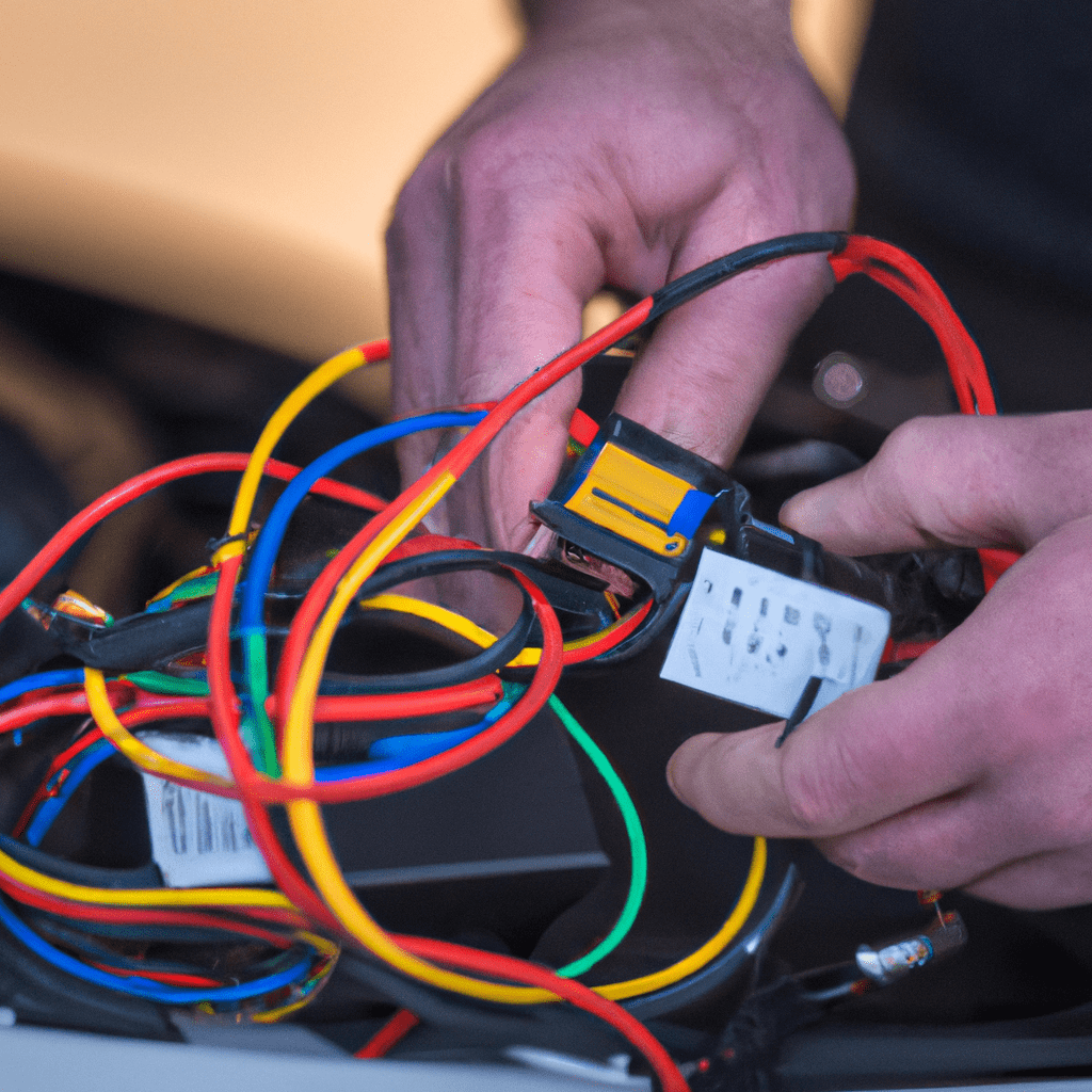 A photo of a person installing a car alarm system using various cables and connectors. They carefully follow the manufacturer's instructions to ensure proper functionality.. Sigma 85 mm f/1.4. No text.
