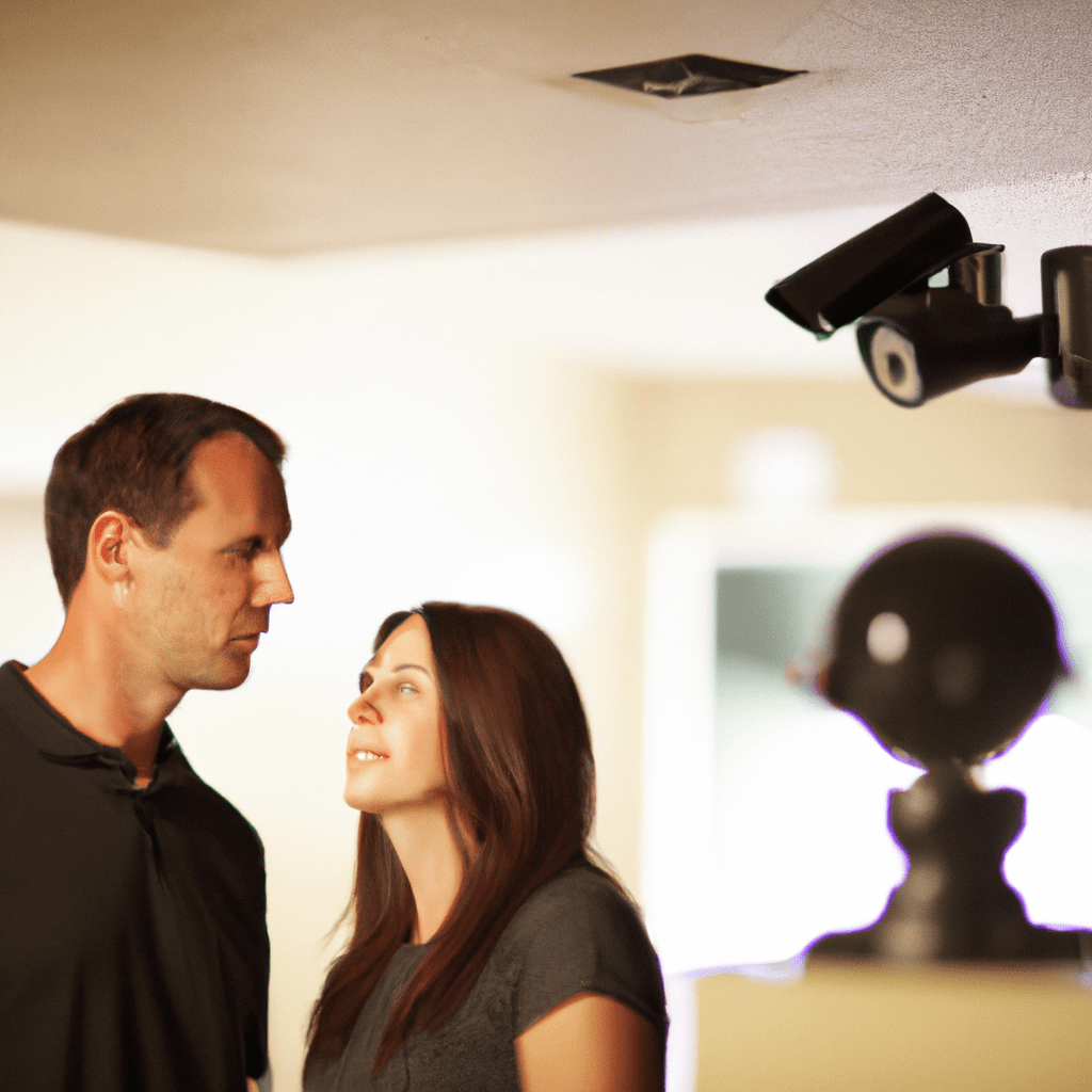 A couple evaluating different surveillance camera options for their home security system.. Sigma 85 mm f/1.4. No text.