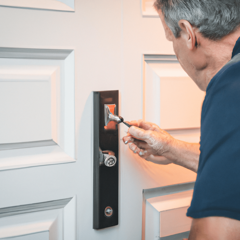 [Man installing a door alarm on his front door]. Sigma 85 mm f/1.4. No text.