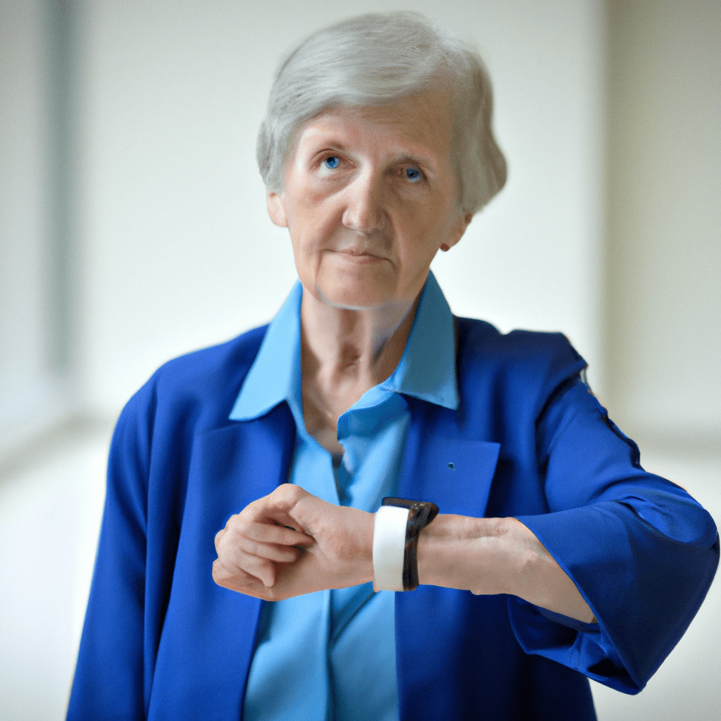 2 - A photo of an elderly person confidently wearing a stylish wrist alarm with advanced GPS features. Sigma 85 mm f/1.4. No text.. Sigma 85 mm f/1.4. No text.