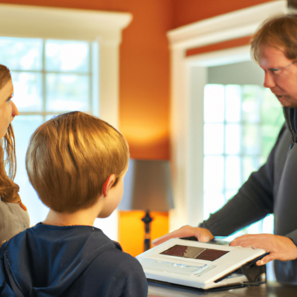 A photo of a family discussing their budget while looking at security system options for their home. They are considering the cost and quality of the system, ensuring it fits within their financial plan.. Sigma 85 mm f/1.4. No text.