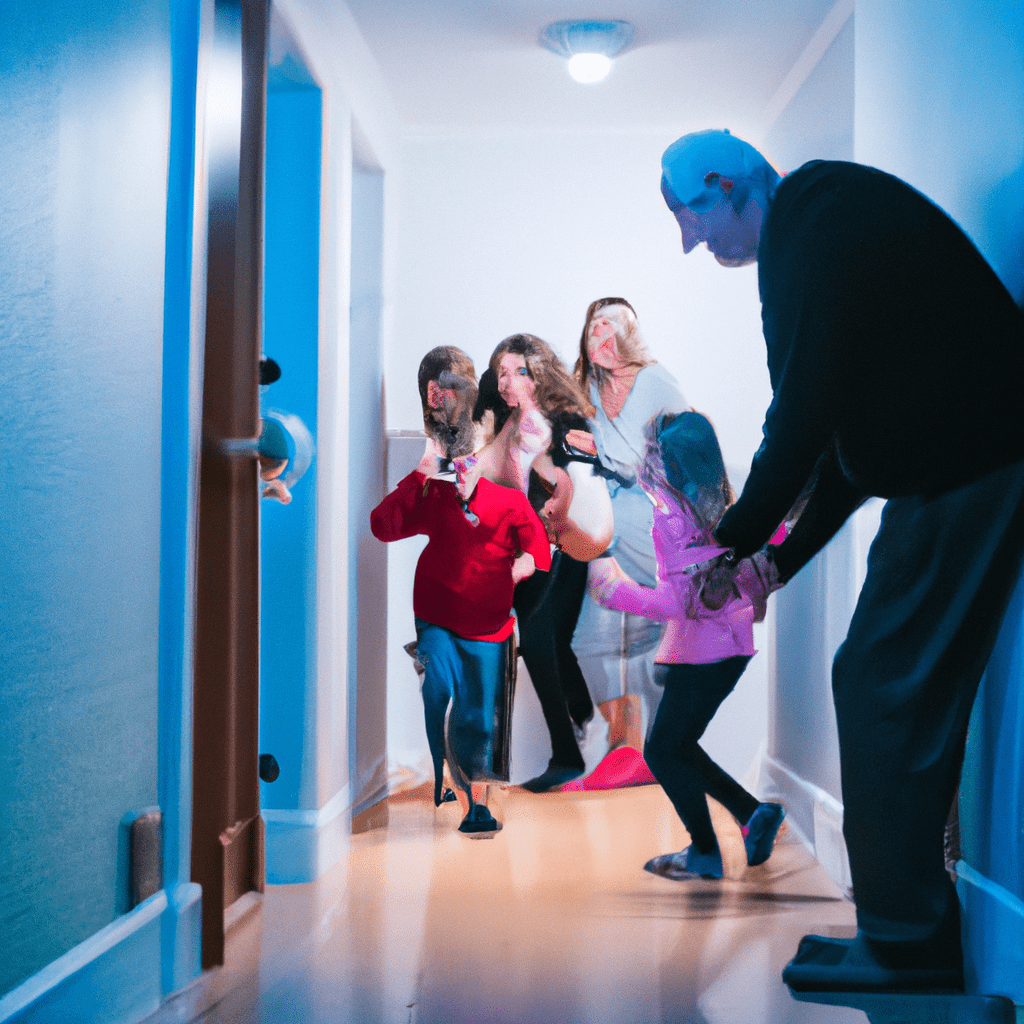 A photo of a family evacuating a room with a gas alarm sounding, following safety protocols to ensure everyone's well-being. Sigma 85 mm f/1.4. No text.. Sigma 85 mm f/1.4. No text.