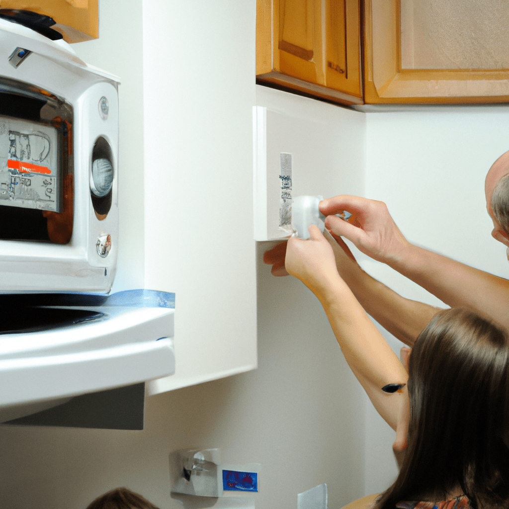 2 - A photo of a family installing an electrical gas alarm in their kitchen for added safety.. Sigma 85 mm f/1.4. No text.