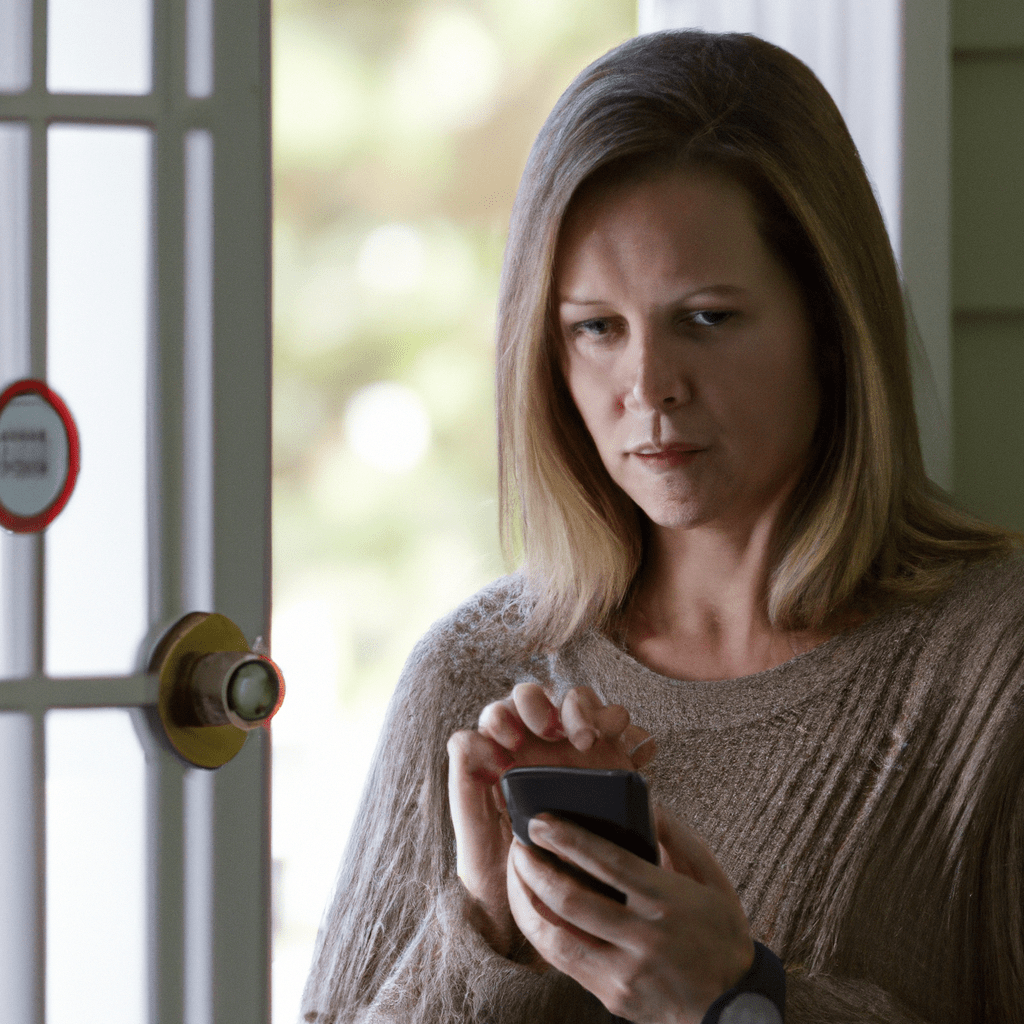 [Image: A homeowner receives a notification on their phone from a GSM alarm system about a potential security breach.]. Sigma 85 mm f/1.4. No text.