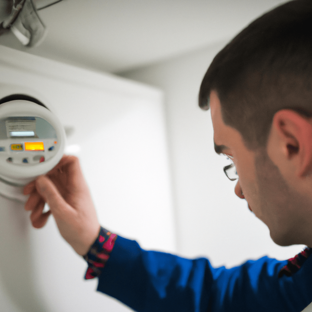 A photo of a technician inspecting a gas alarm, ensuring its proper functioning and reliability. Sigma 85 mm f/1.4. No text.. Sigma 85 mm f/1.4. No text.