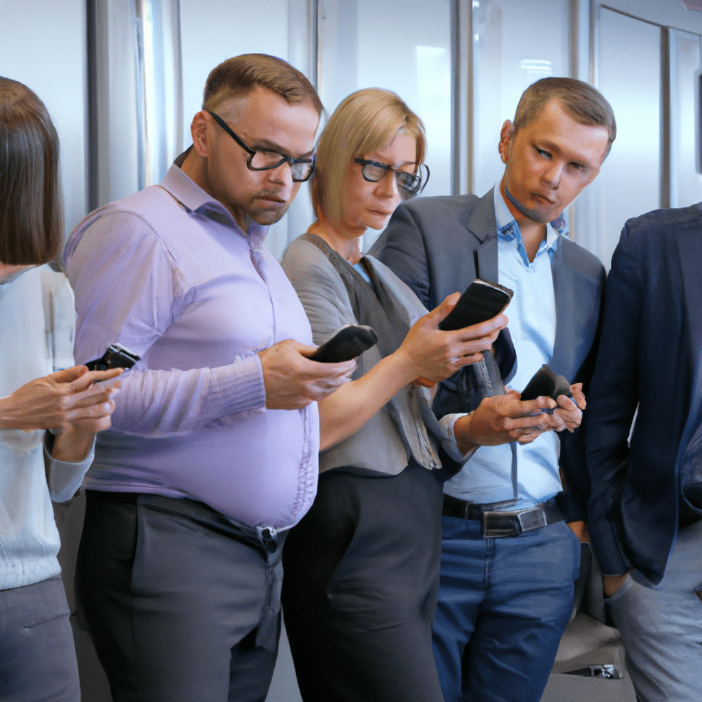 A photo of a group of office workers receiving an alarm SMS on their smartphones. Increase workplace security with Alarm SMS technology. Sigma 85 mm f/1.4. No text.. Sigma 85 mm f/1.4. No text.