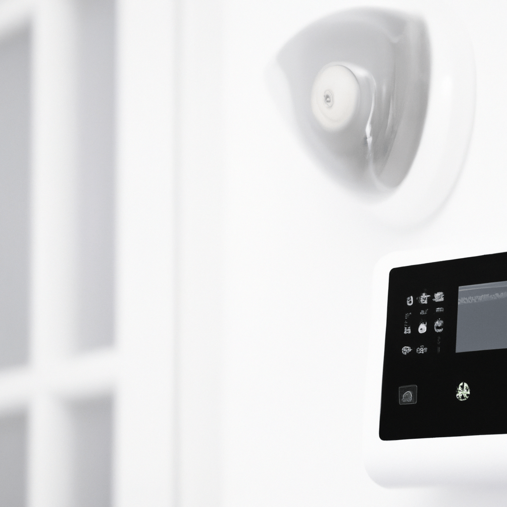 [A photo of a modern home security system installed in a living room, showing sensors and a control panel.]. Sigma 85 mm f/1.4. No text.