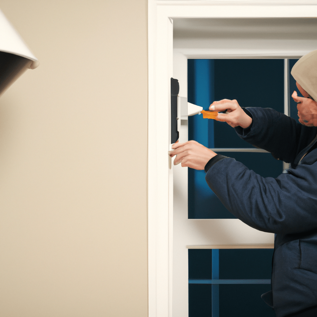 A photo of a professional technician installing a window and door alarm system in a home.. Sigma 85 mm f/1.4. No text.