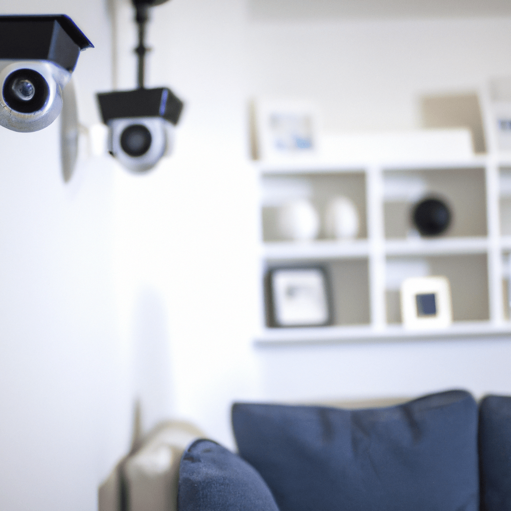 A photo of a living room with strategically placed security cameras ensuring effective monitoring of the interior. Canon 50 mm f/1.8. No text.. Sigma 85 mm f/1.4. No text.