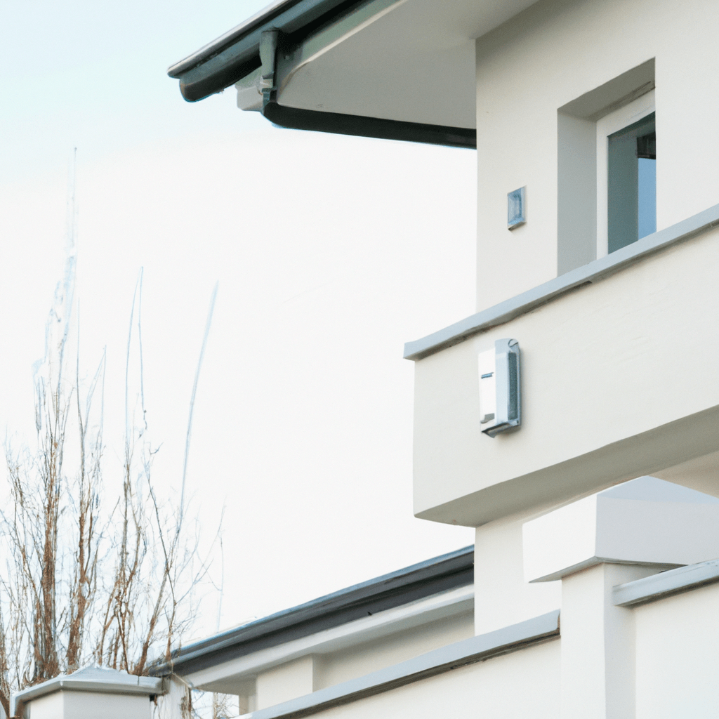 [A photo of a modern house with a GSM battery alarm system installed for enhanced security.]. Sigma 85 mm f/1.4. No text.