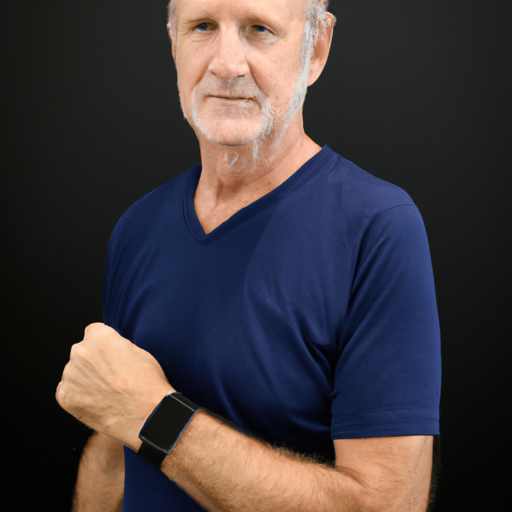 3 - An older adult confidently wearing a modern wrist alarm with advanced safety features. Nikon D850. No text.. Sigma 85 mm f/1.4. No text.