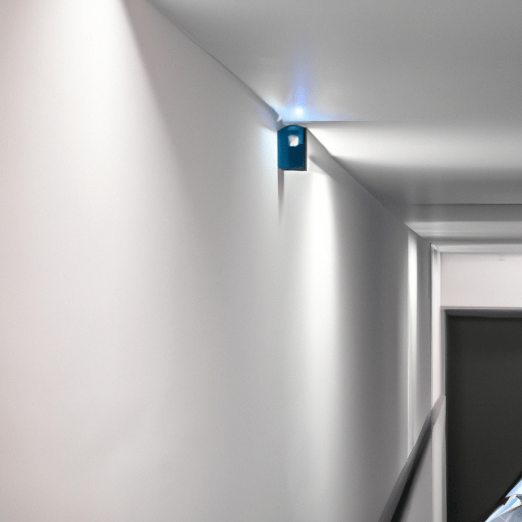 2 - A photo of a person mounting a motion sensor on a wall in a hallway. The sensor is positioned at a height of 2-2.4 meters and is strategically placed to detect movement effectively in the area.. Sigma 85 mm f/1.4. No text.