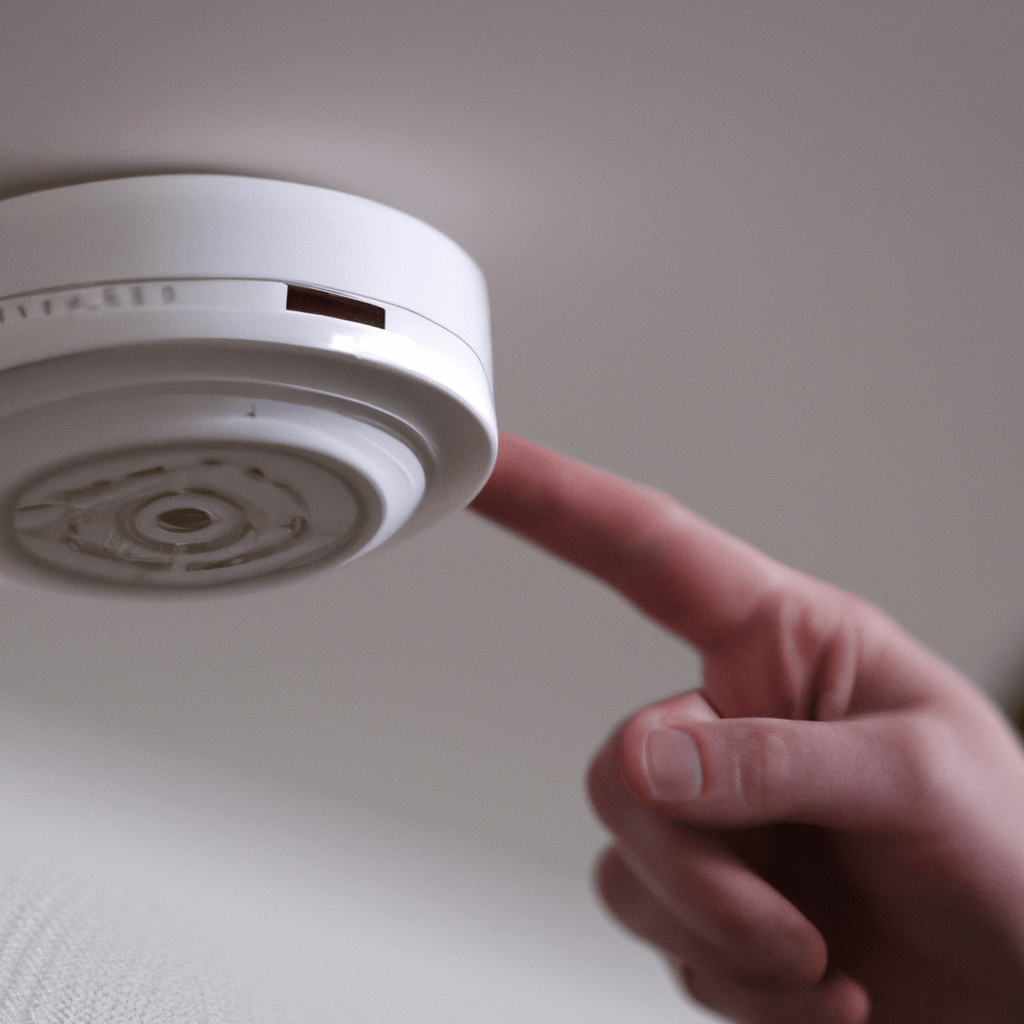 A photo of a person testing a smoke detector by pressing the button and listening for the sound.. Sigma 85 mm f/1.4. No text.