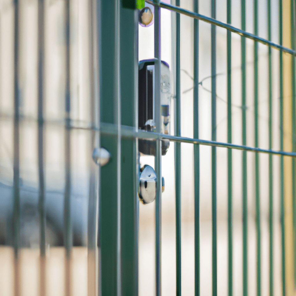 A photo of a professionally installed alarm system on a fence, ensuring optimal protection and peace of mind.. Sigma 85 mm f/1.4. No text.