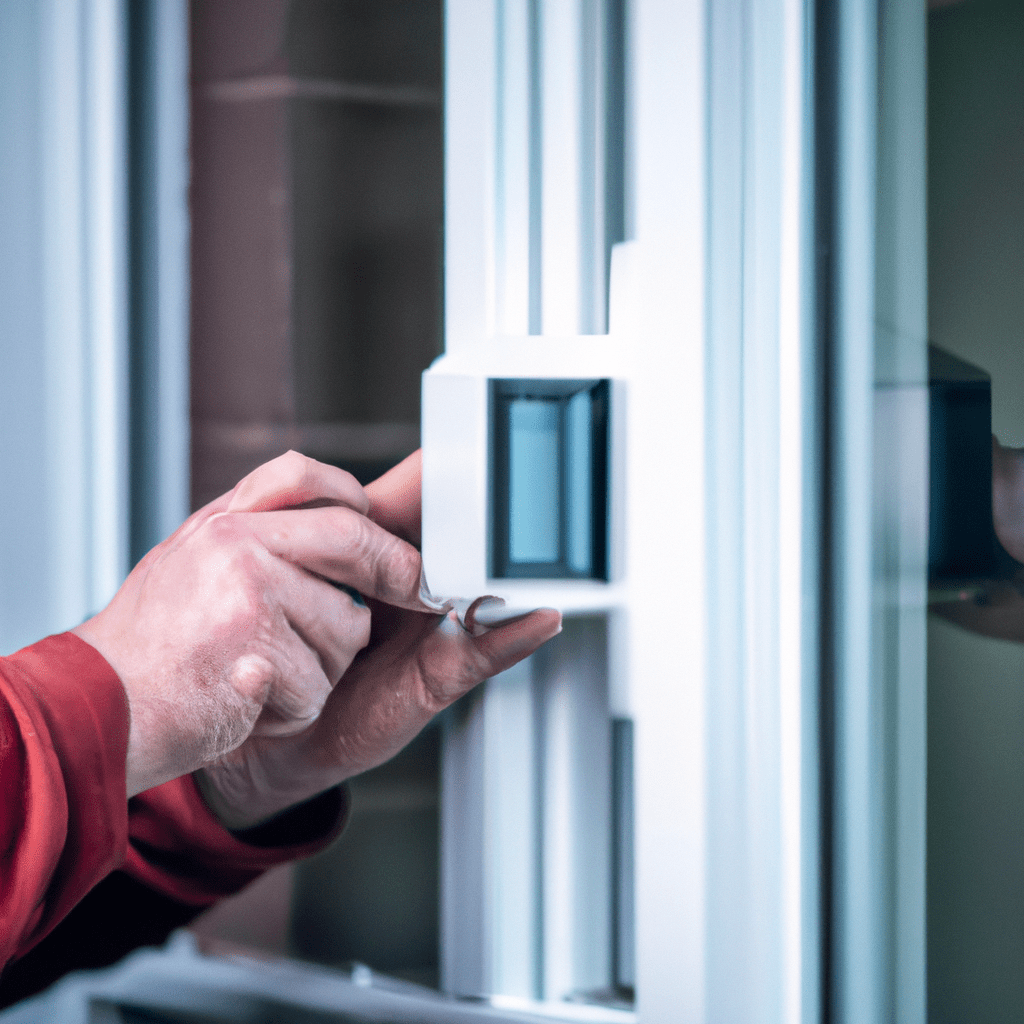 A photo of a professional technician installing a modern electronic window alarm on a residential window for enhanced home security.. Sigma 85 mm f/1.4. No text.