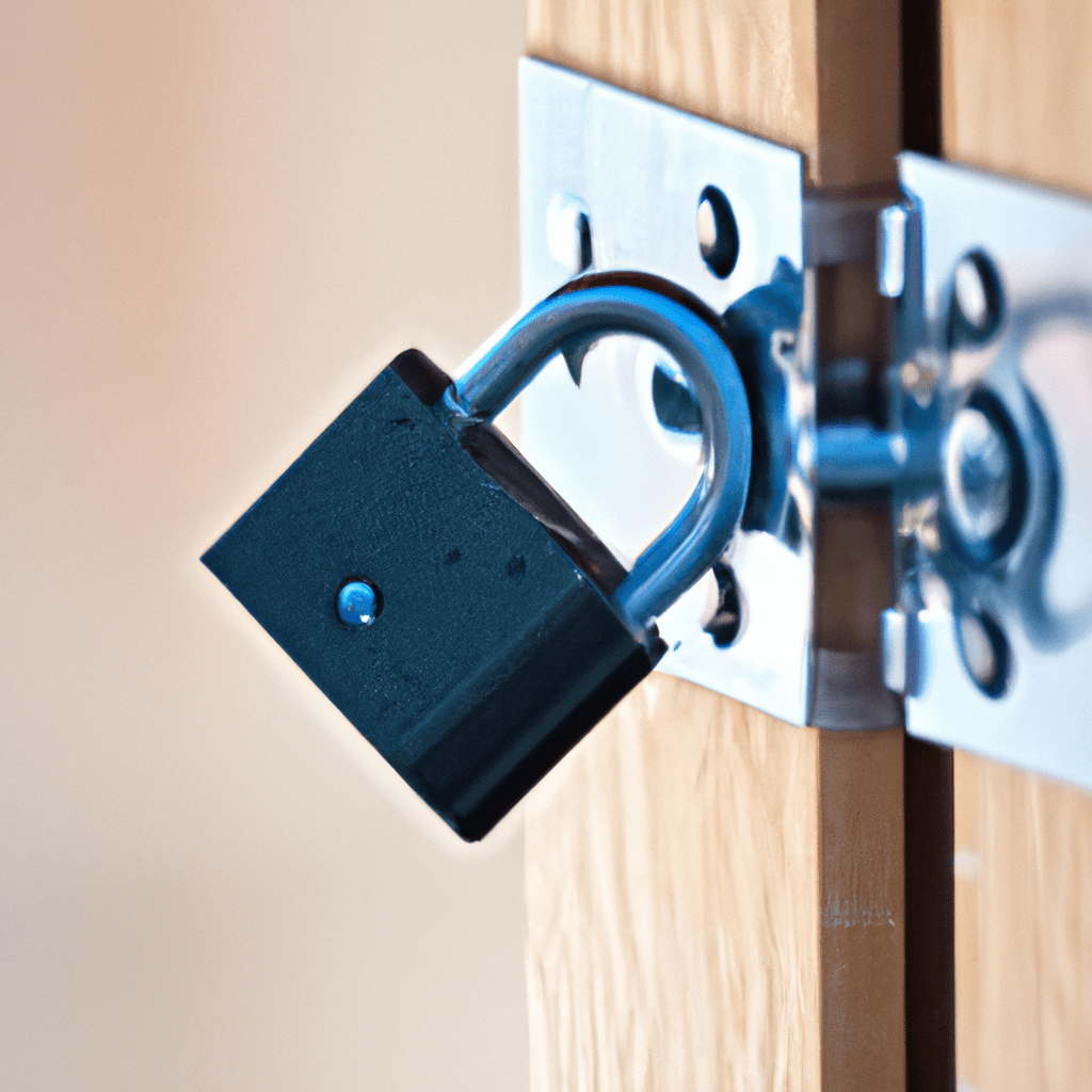 [Photo: A close-up of a secure lock on a cabin door, symbolizing the importance of cottage security.]. Sigma 85 mm f/1.4. No text.