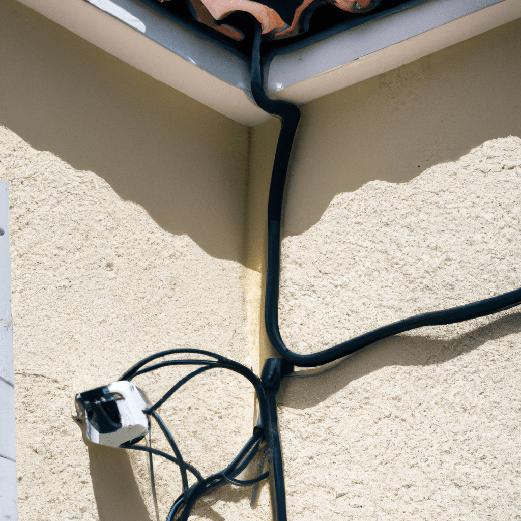 [An image of a house with cables running along the walls, connecting different security devices.]. Sigma 85 mm f/1.4. No text.
