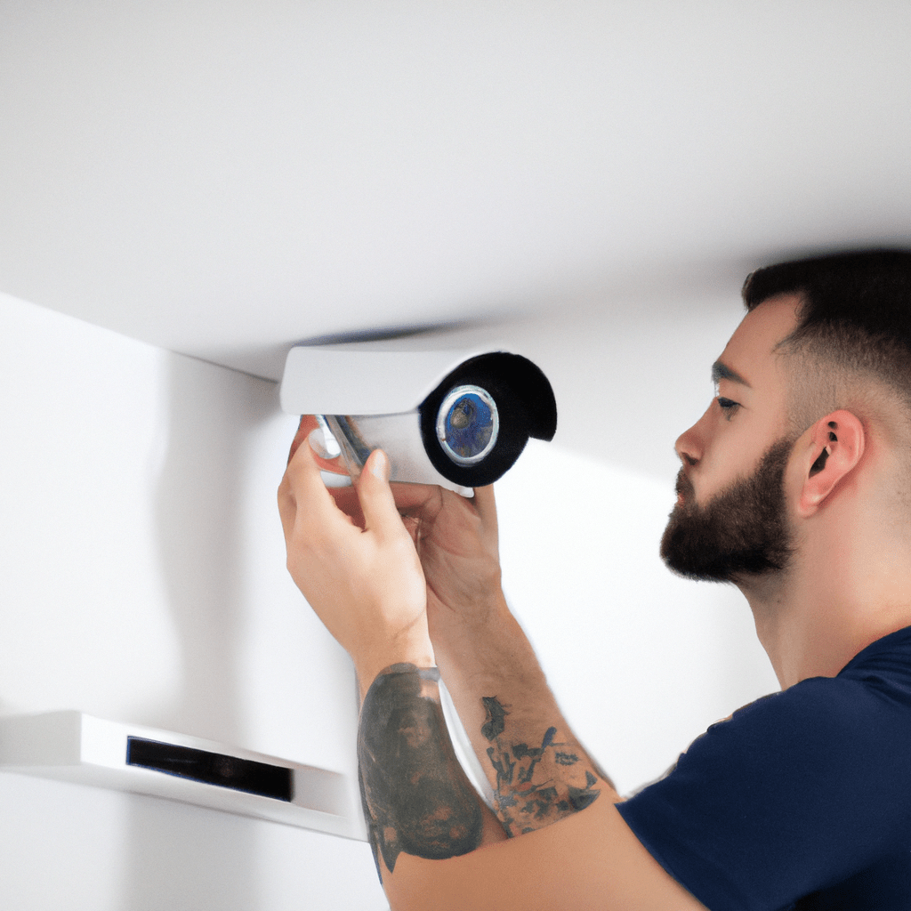 A photo of a professional technician installing a security camera system in a home, ensuring effective monitoring and protection. Canon 50 mm f/1.8. No text. Sigma 85 mm f/1.4. No text.. Sigma 85 mm f/1.4. No text.