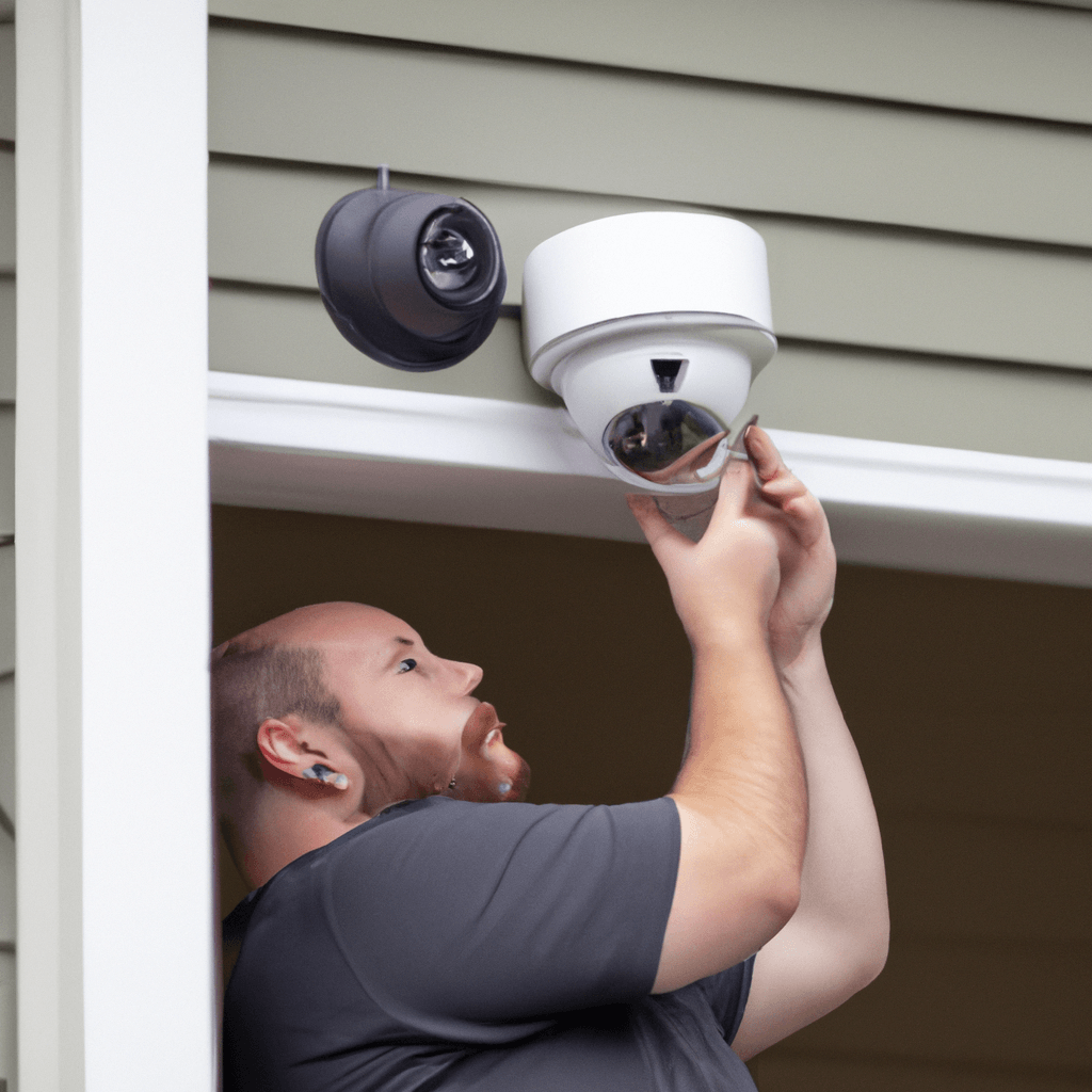 A photo of a professional technician installing a security camera system in a modern home to ensure safety and protection. Sigma 85mm f/1.4. No text.. Sigma 85 mm f/1.4. No text.