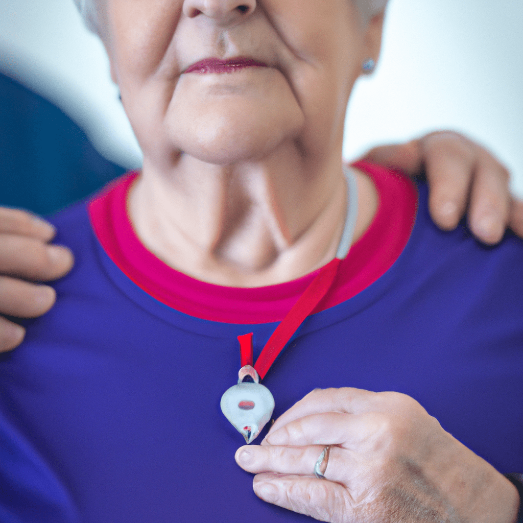 A photo of a senior wearing a heart rate monitoring pendant alarm, ensuring their safety by constantly tracking their heart rate and sending notifications in case of irregularities.. Sigma 85 mm f/1.4. No text.