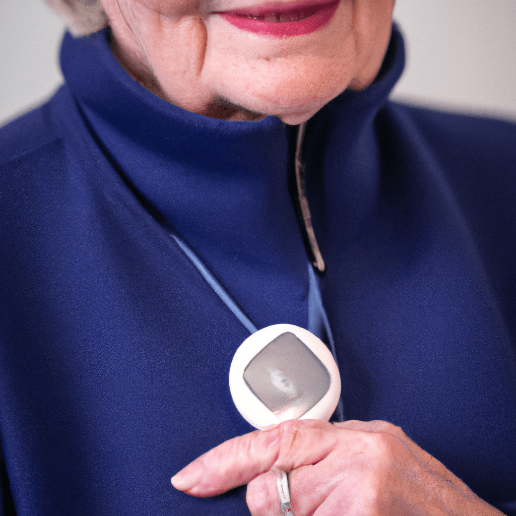 A photo of a senior wearing a pendant alarm with GPS and wireless connection, providing precise location tracking and remote alerts for their safety. Lightweight and comfortable design ensures convenience and peace of mind. Sigma 85 mm f/1.4. No text.. Sigma 85 mm f/1.4. No text.