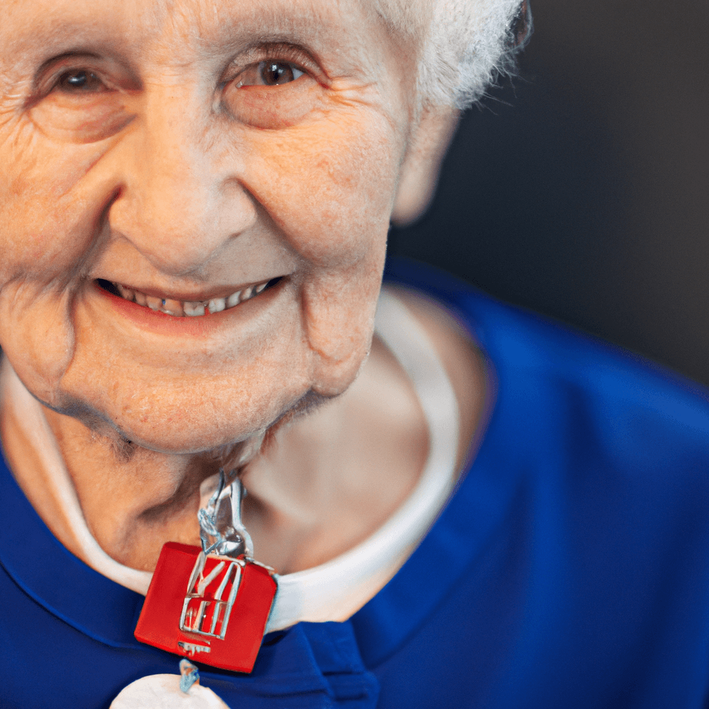 A photo of a senior wearing a pendant alarm, promoting independence and self-sufficiency, allowing them to lead a full and safe life while ensuring immediate assistance is available if needed. Sigma 85 mm f/1.4. No text.. Sigma 85 mm f/1.4. No text.