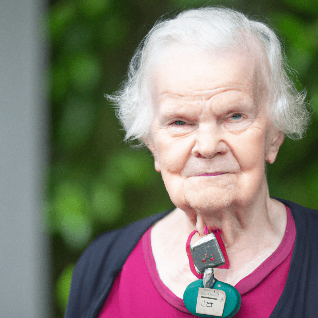 A photo of an elderly person wearing a pendant alarm, confidently using the device to ensure their safety and independence. Sigma 85 mm f/1.4. No text.. Sigma 85 mm f/1.4. No text.