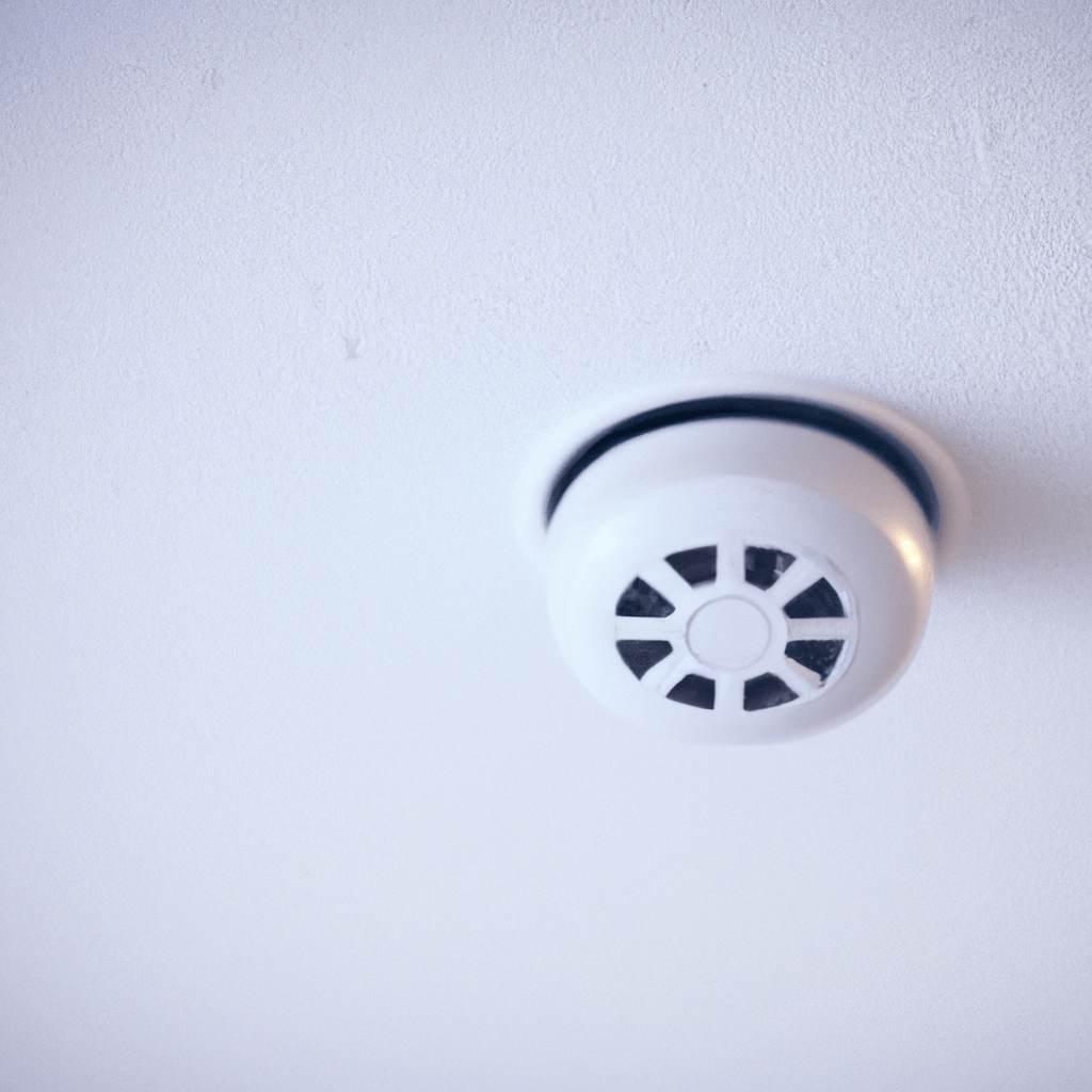 A photo of a smoke detector installed on the ceiling in the center of a room, ensuring optimal coverage and early detection of smoke.. Sigma 85 mm f/1.4. No text.