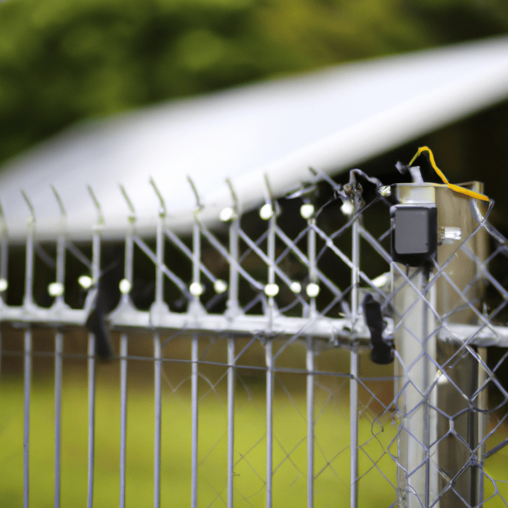 A photo of a professionally installed solar-powered alarm system on a fence, ensuring maximum security and ease of use. Sigma 85 mm f/1.4. No text.. Sigma 85 mm f/1.4. No text.