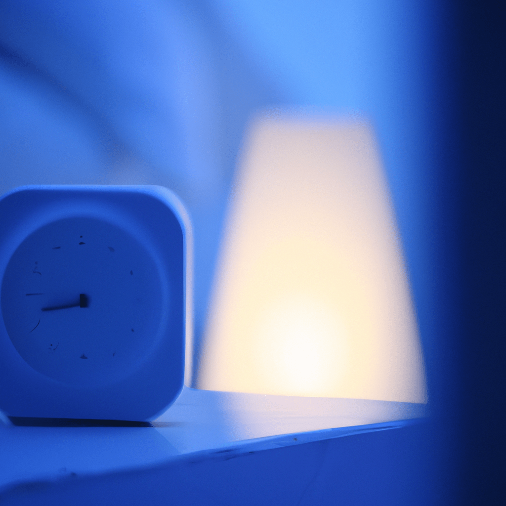A photo showing the Solight alarm gently illuminating a peaceful bedroom, promoting a serene wake-up experience and better sleep.. Sigma 85 mm f/1.4. No text.