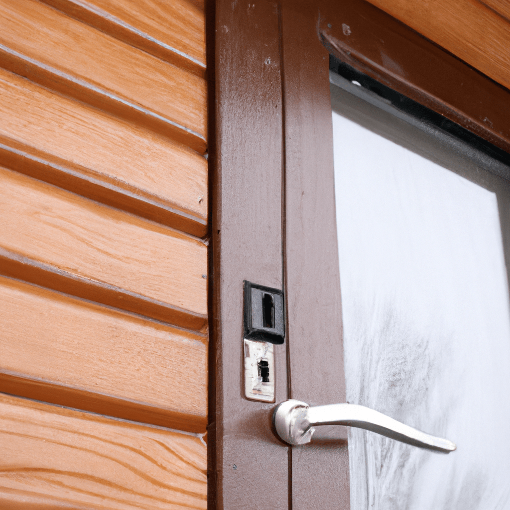 A photo of a sturdy cottage door with reinforced windows and a high-quality lock. Sigma 85 mm f/1.4. No text.. Sigma 85 mm f/1.4. No text.