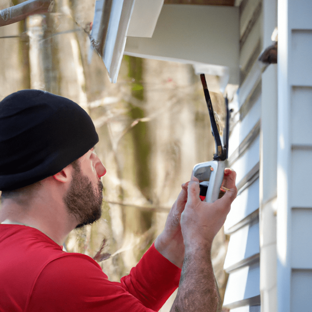 A photo of a technician performing maintenance on a GSM alarm system at a cottage. Regular maintenance is crucial for ensuring the system's reliability and effectiveness.. Sigma 85 mm f/1.4. No text.