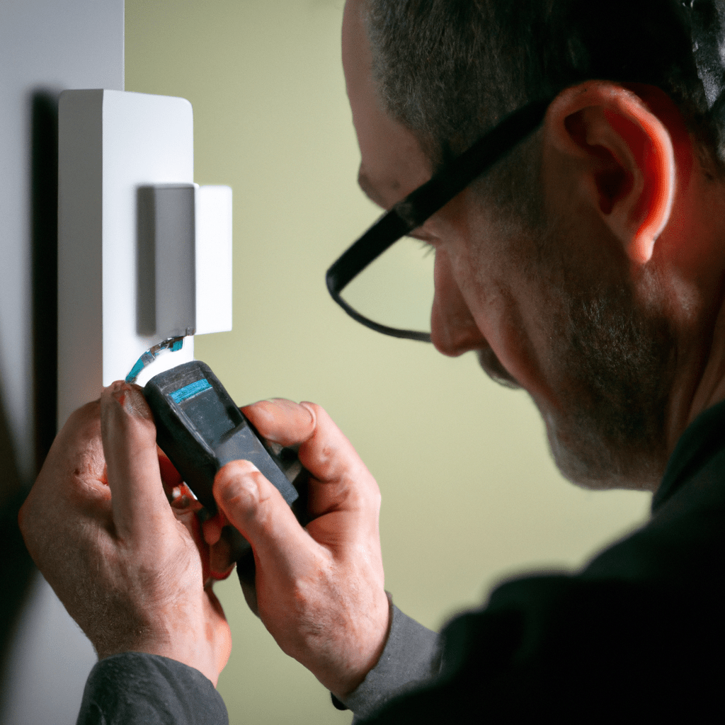 A photo of a technician performing regular maintenance and testing on an Evolveo Securix home security system. The technician is carefully inspecting and checking the various components to ensure that the system is functioning properly and providing maximum protection.. Sigma 85 mm f/1.4. No text.