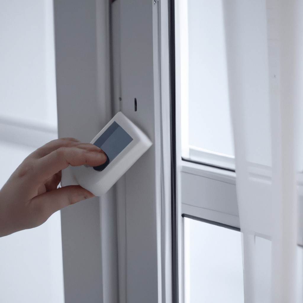 [Photo: A person placing a portable alarm on a window for added home security.]. Sigma 85 mm f/1.4. No text.