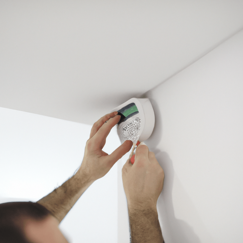 A photo of a person installing a wired alarm system in an apartment. Sigma 85 mm f/1.4. No text.