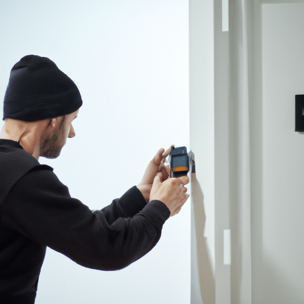 2 - A photo of a professional technician installing a wireless alarm system in an apartment. The technician is carefully placing sensors on doors and windows to ensure maximum security and protection.. Sigma 85 mm f/1.4. No text.